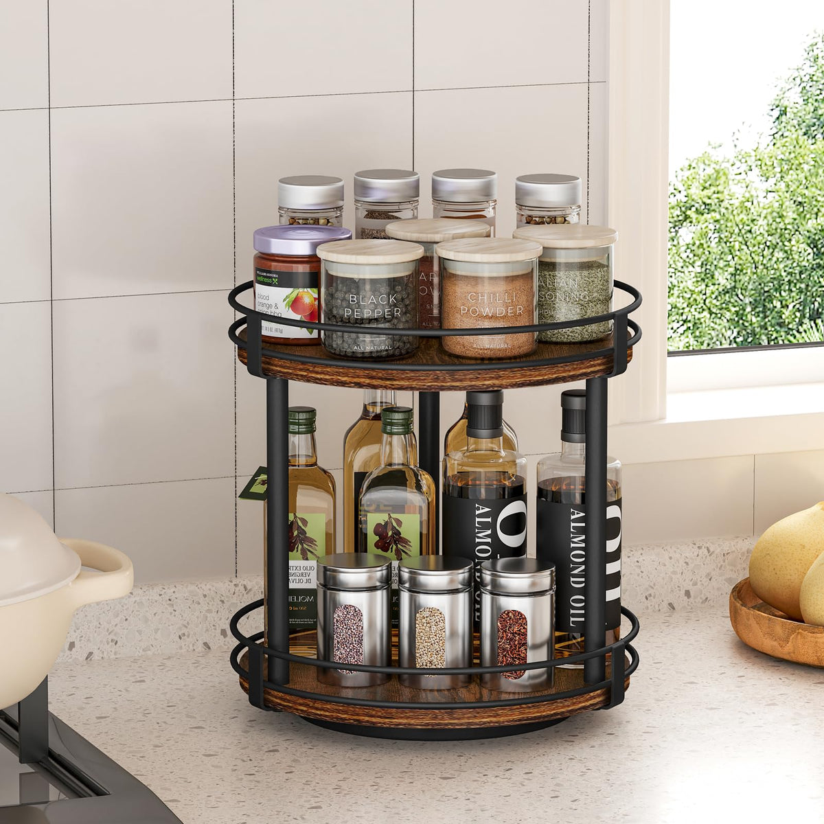 Snughome rotating spice rack side view highlighting sturdy two-tier design.
