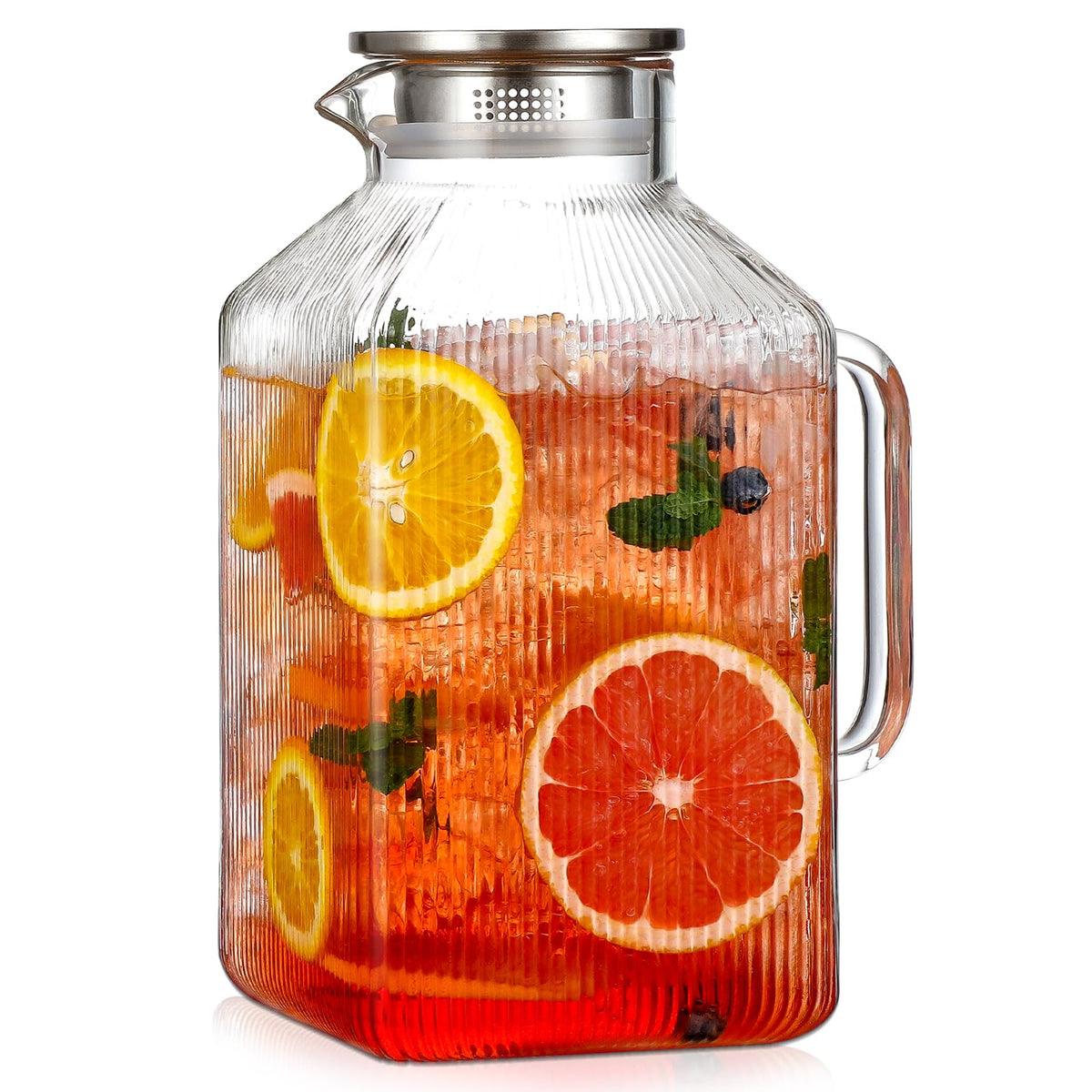 Snuvid 1 gallon square pitcher with stripe lid shows space-saving design for the fridge and table.