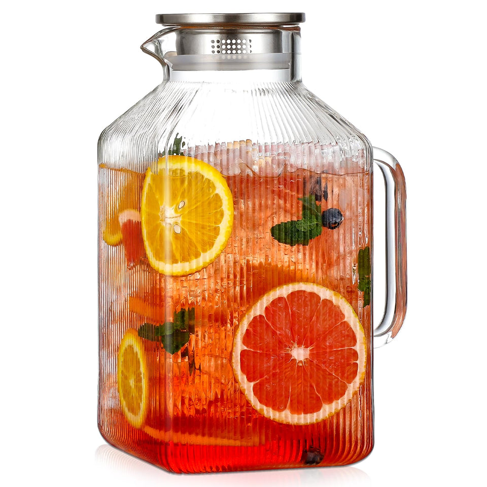 Snuvid 1 gallon square pitcher with stripe lid shows space-saving design for the fridge and table.