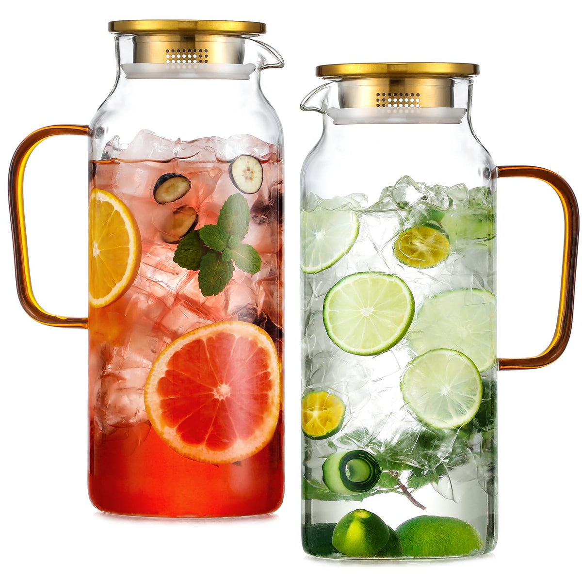 Snuvid 2-liter glass pitcher with gold lid, ideal for water or iced tea.