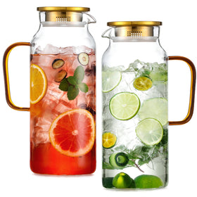 Snuvid 2-liter glass pitcher with gold lid, ideal for water or iced tea.