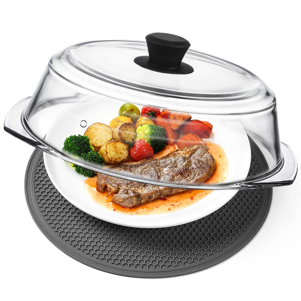 Snuvid 2-in-1 tall glass microwave splatter cover protects dishes and keeps microwaves clean.