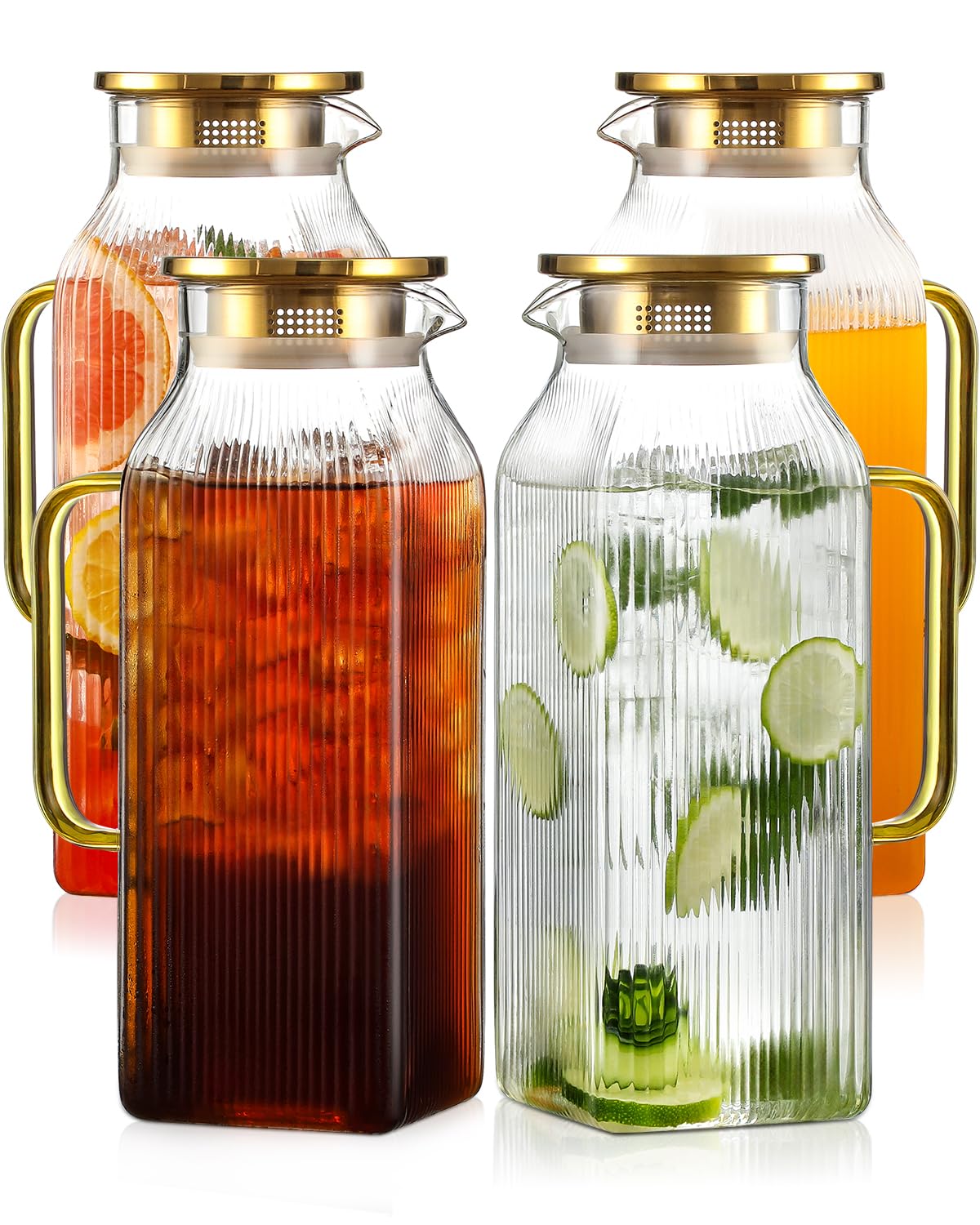 Snuvid 4-pack square glass pitcher with gold lid pours smoothly for iced tea or water.