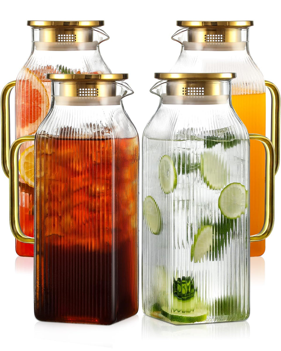 Snuvid 4-pack square glass pitcher with gold lid pours smoothly for iced tea or water.