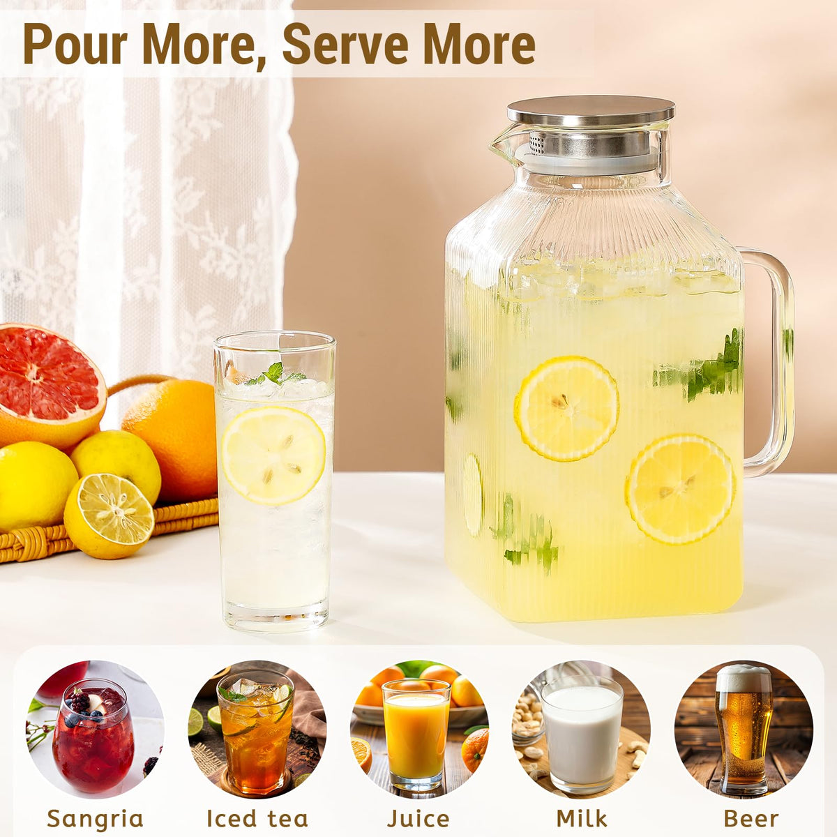 Snuvid borosilicate glass pitcher offers clarity and temperature resilience for hot or cold drinks.