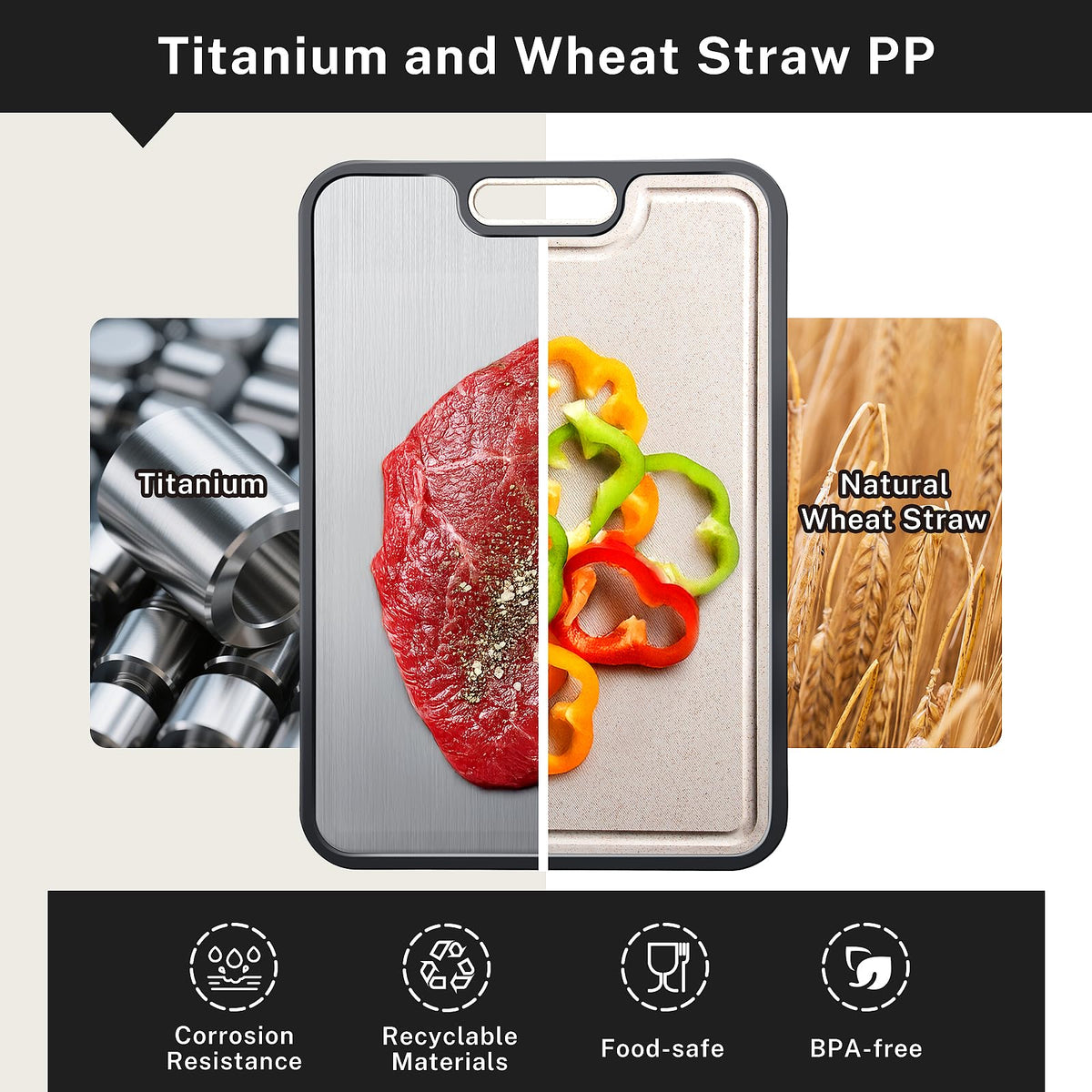 Snuvid cutting board wheat straw side ideal for fruits and vegetables, easy to wipe clean.