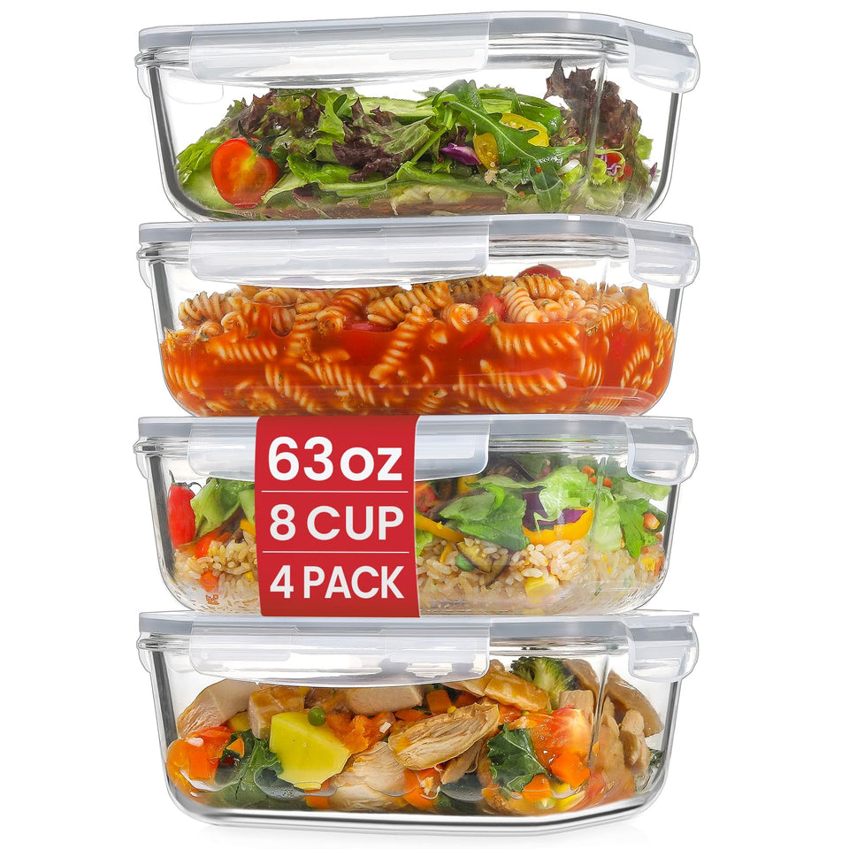Snuvid four-pack 63oz large glass containers with lids for family meal prep.