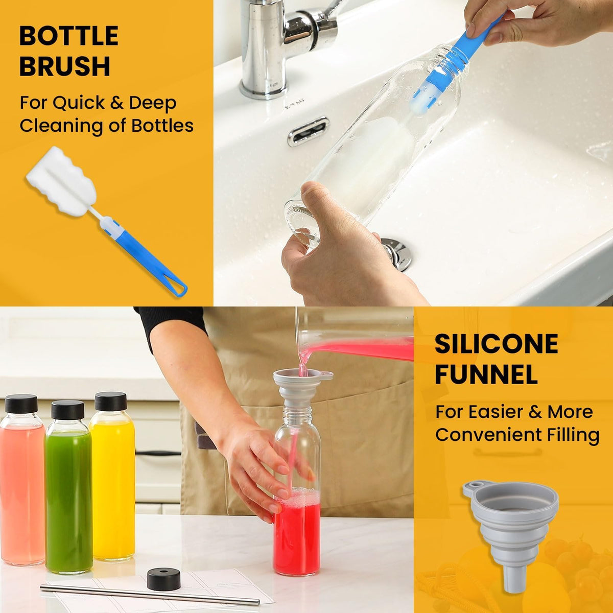 Snuvid 18oz glass bottle exterior highlights slim portable design.