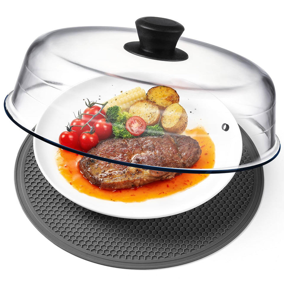 Snuvid glass microwave splatter cover in action protects plates and keeps microwave clean.