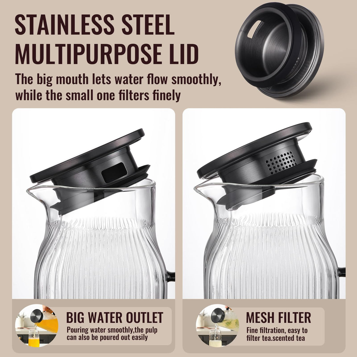 Snuvid 68 oz capacity ideal for iced tea, coffee, and juices.