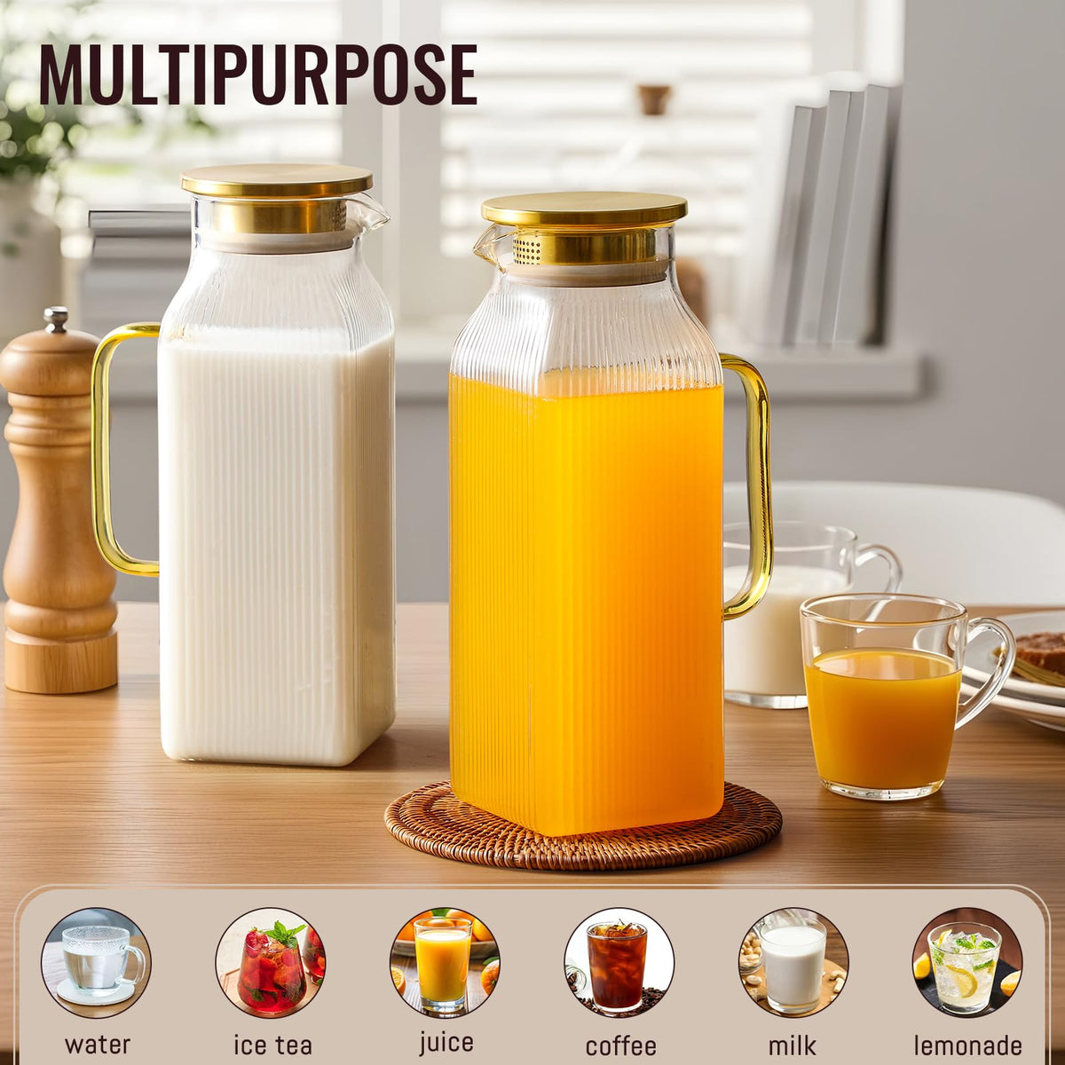 Snuvid pitcher with dual pour lid enabling fine-mesh straining or wide pouring.