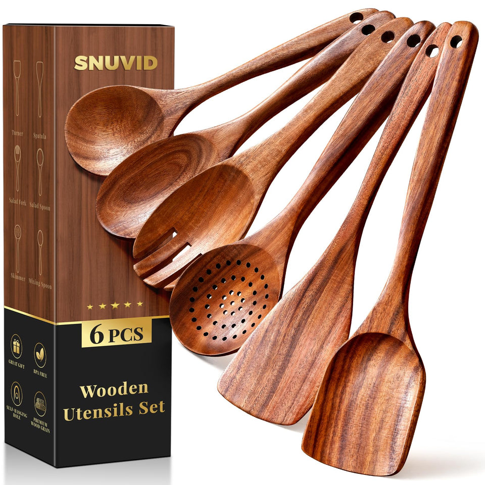 Snuvid premium teak spoons 6-piece set front view highlights smooth edges protecting cookware.