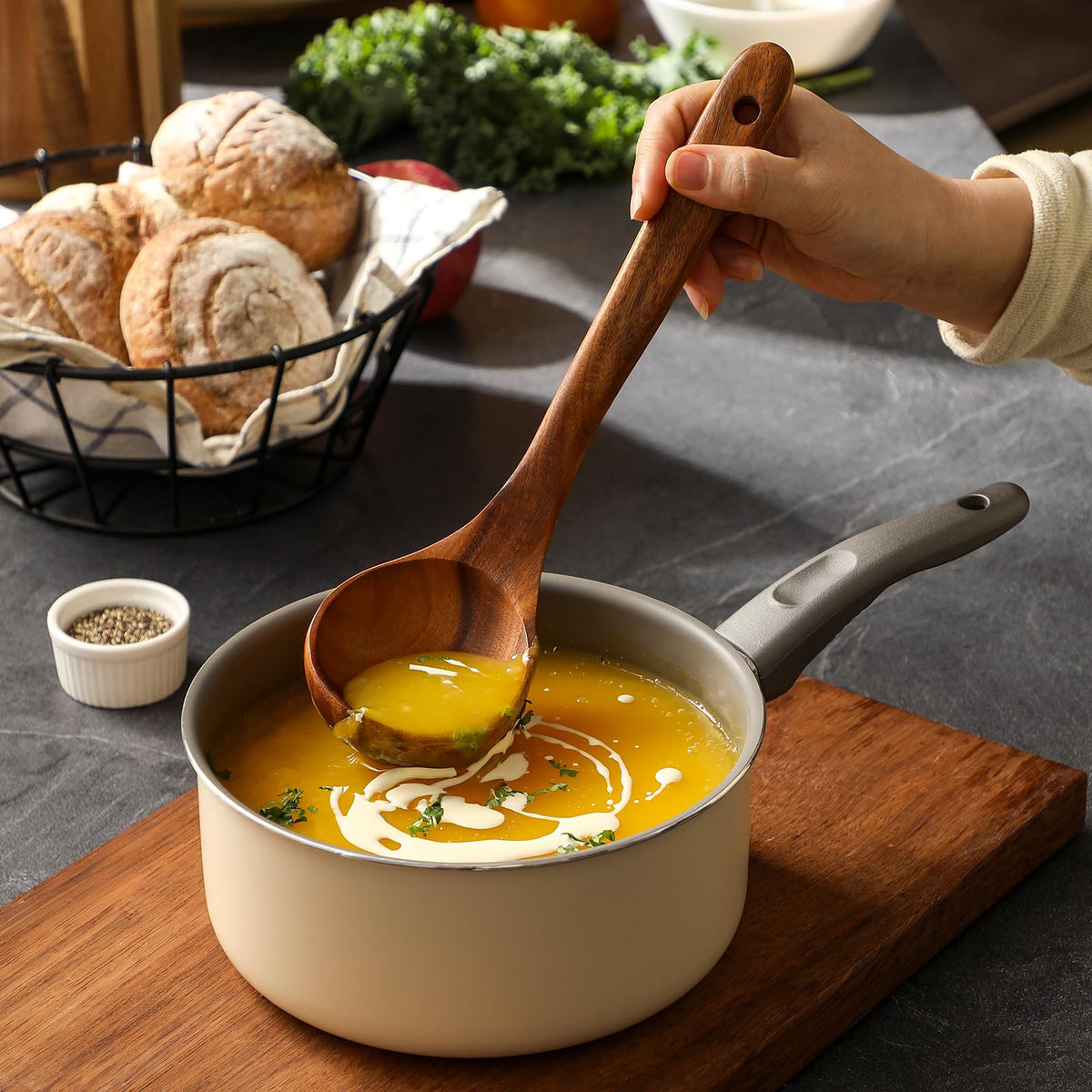 Snuvid teak spoons easy to clean and maintain after meal prep.