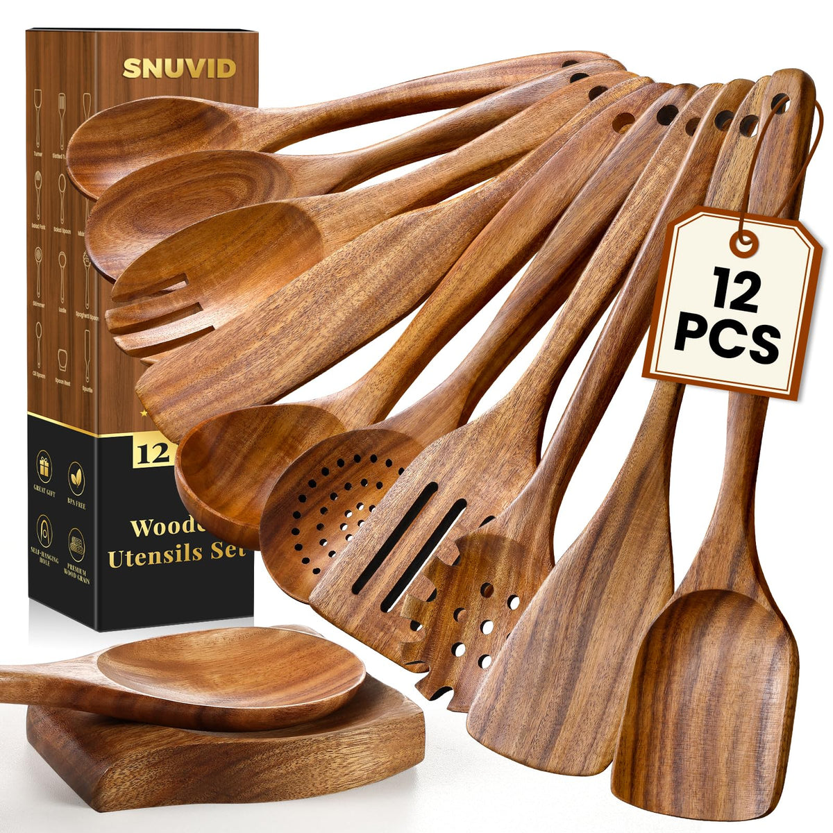 Snuvid 12-piece teak spoon set with spoon rest for tidy counters.