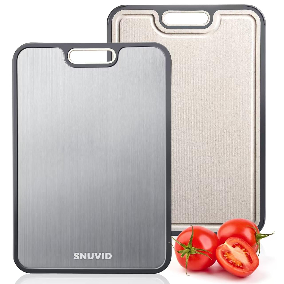 Snuvid titanium cutting board with dual surface for meats and vegetables, supports clean separation.