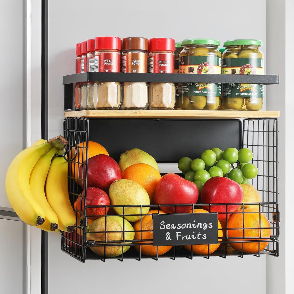 Snuvid Wide Shelf basket mounted on fridge door with strong magnetic hold for secure storage.