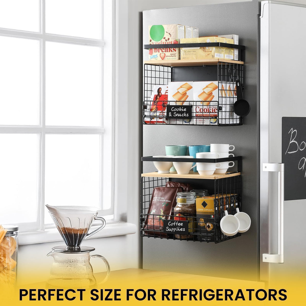 Snuvid Wide Shelf two S-hooks add hanging fruit or utensils for flexible storage.