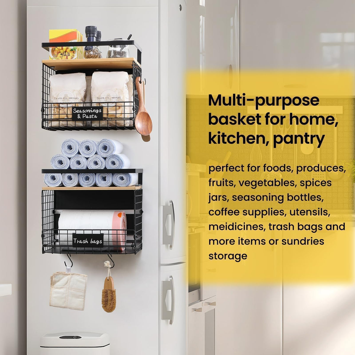 Snuvid Wide Shelf magnetic rack nearby fridge for pantry organization and clutter-free surfaces.