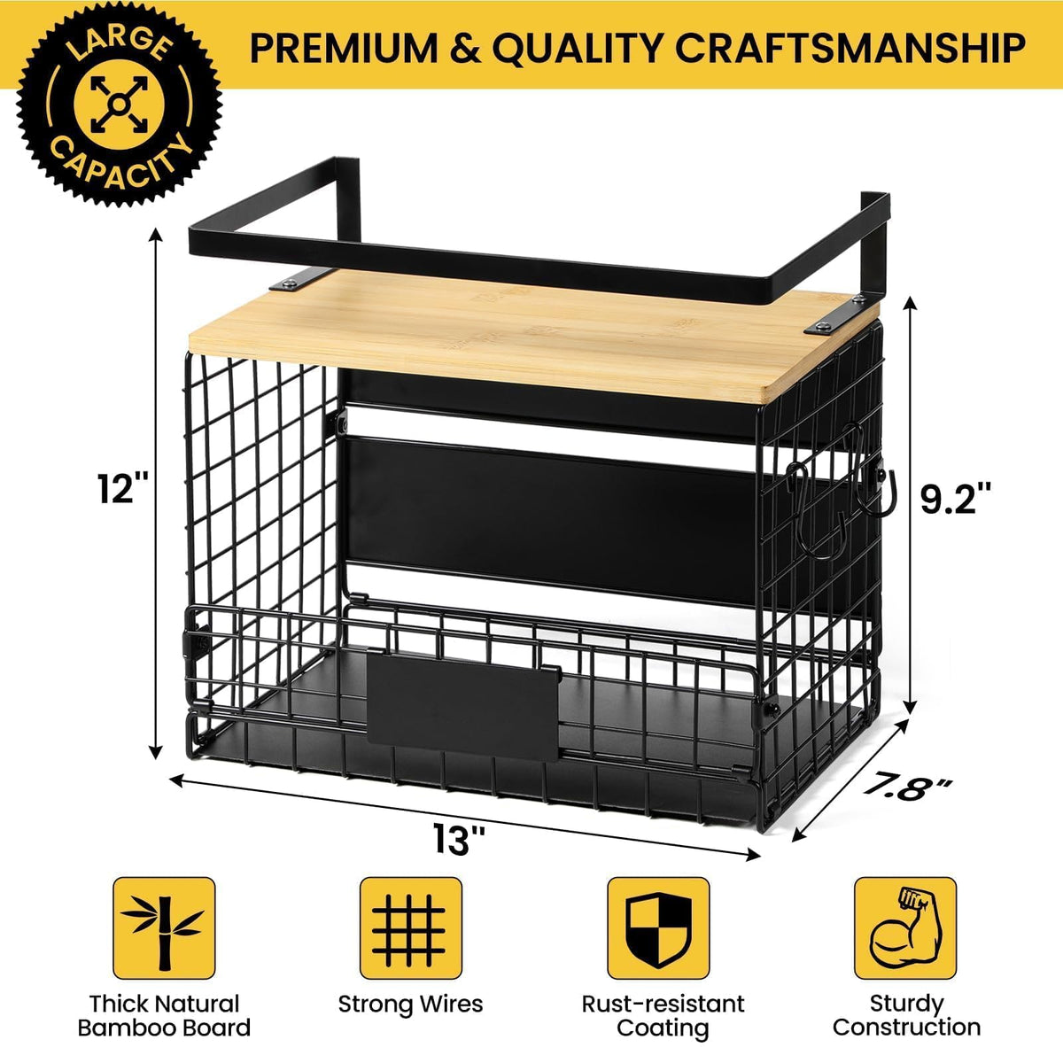 Snuvid Wider Shelf Basket with bamboo top highlighting the spacious top surface for jars.