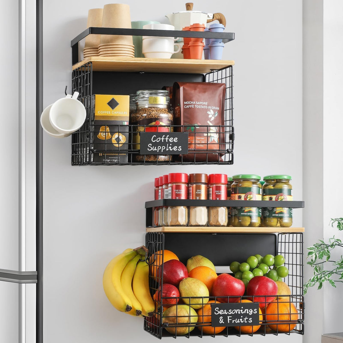 Snuvid Wider Shelf Basket on fridge door showing a strong magnetic mount for secure storage.