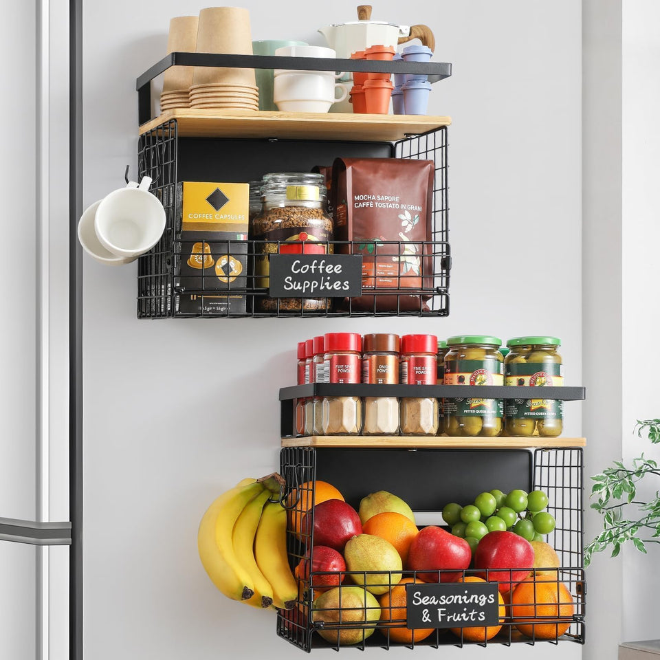 Snuvid Wider Shelf Basket on fridge door showing a strong magnetic mount for secure storage.