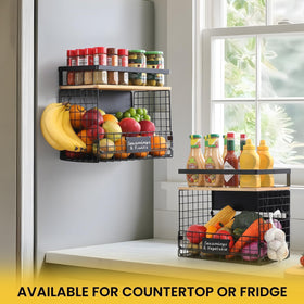 Snuvid Wider Shelf Basket includes S-hooks for hanging fruits and utensils.