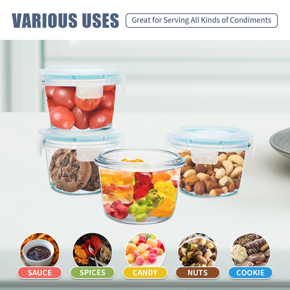 SOACOAKO glass containers with locking lids demonstrating airtight seal for sauces.