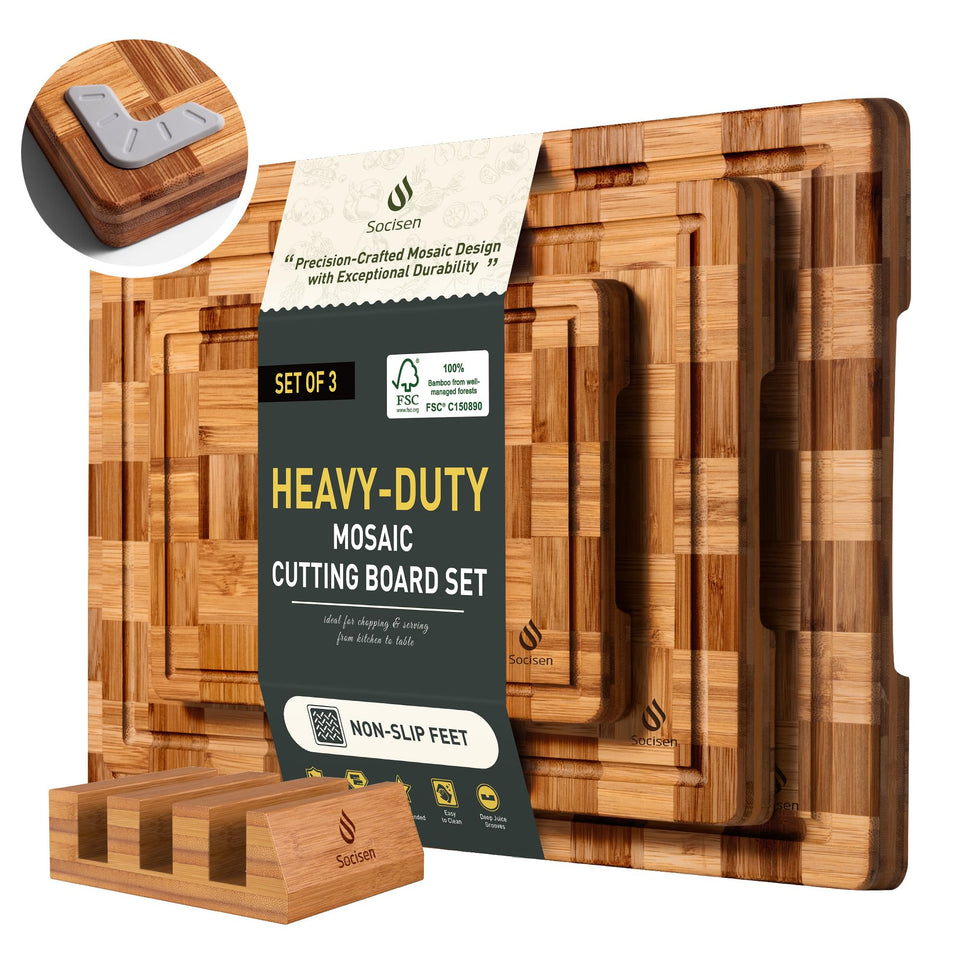 Socisen 3-pack bamboo cutting boards with non-slip feet for stable chopping on any counter