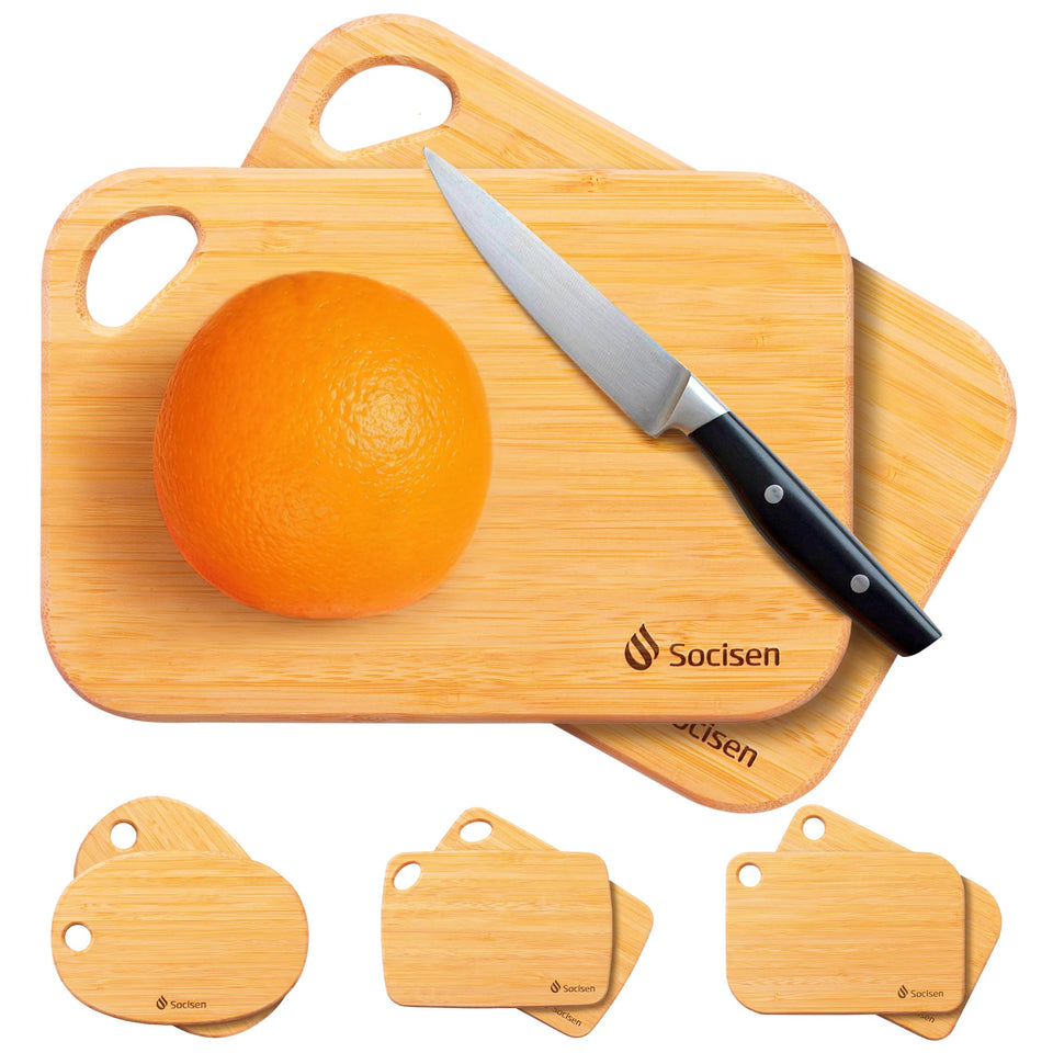 Socisen two-pack bamboo cutting boards in compact 8.6 x 6 inches for quick prep.