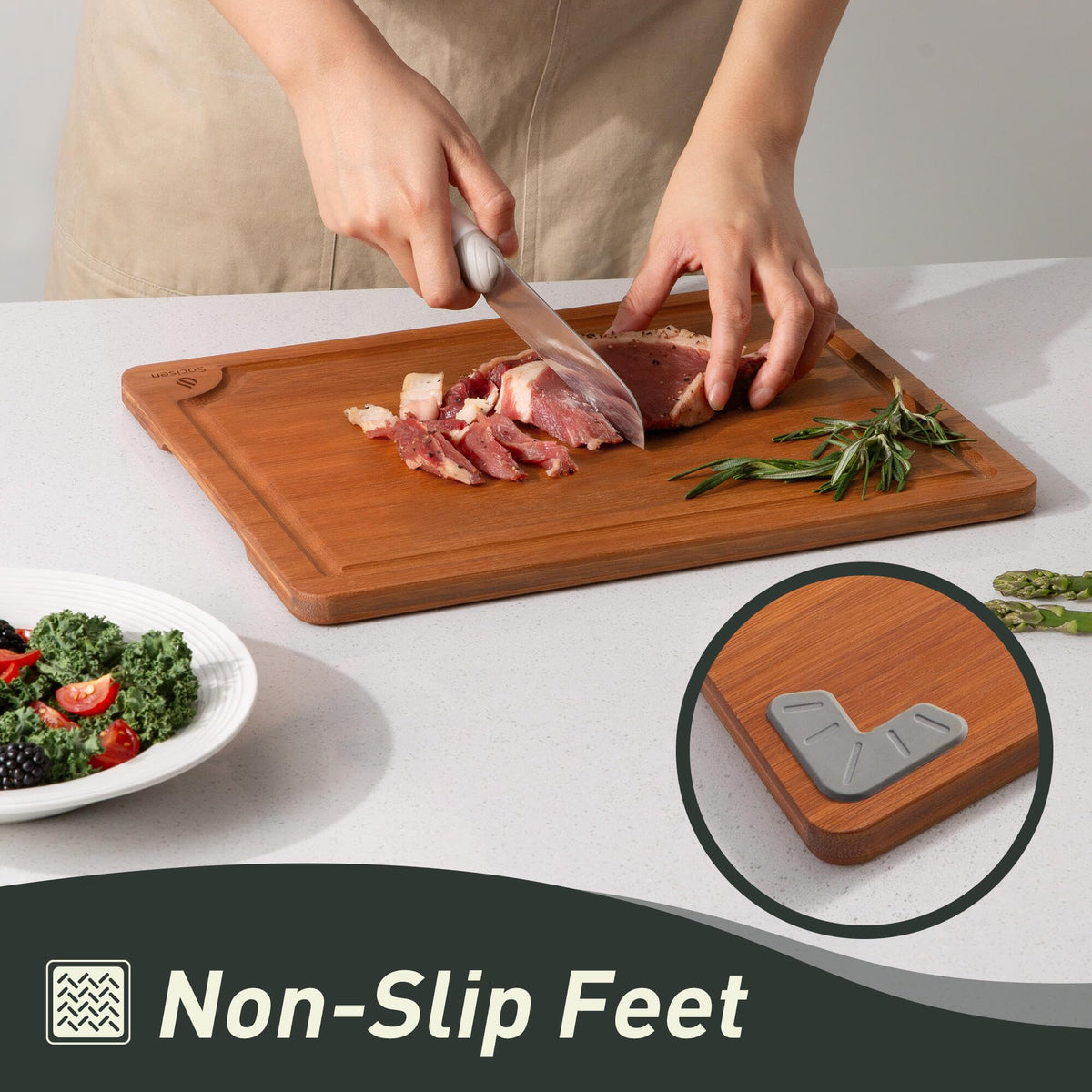 Socisen knife-friendly surface with a smooth edge for safe slicing.
