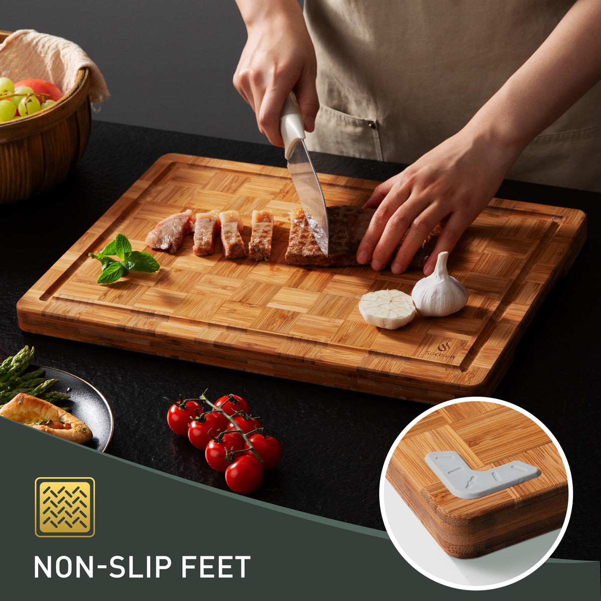 Socisen end-grain bamboo board features 5-layer thick construction for durability.