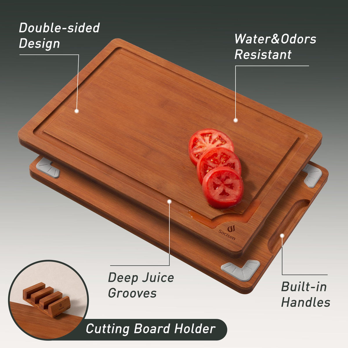 Socisen board shows deep juice grooves to catch liquids and reduce mess.
