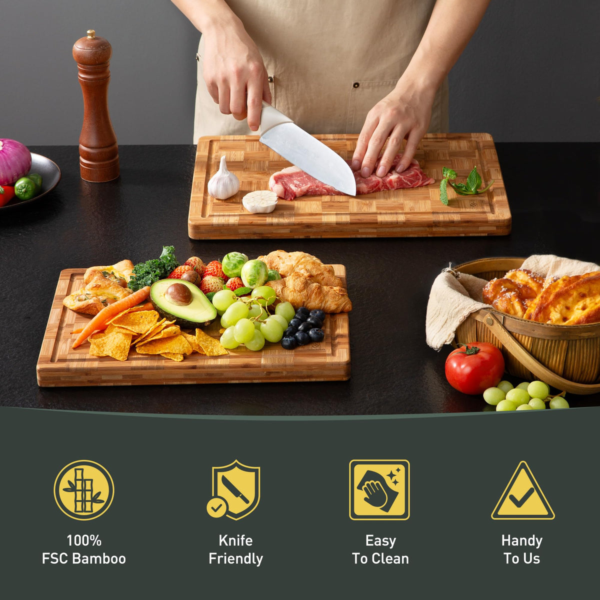 Socisen bamboo board showcases natural grain for elegant kitchen display.