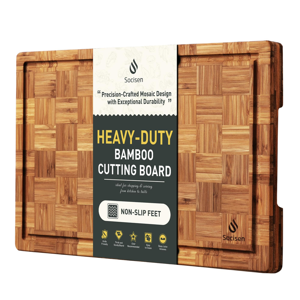 Socisen bamboo cutting board with non-slip feet for stable chopping on countertops.