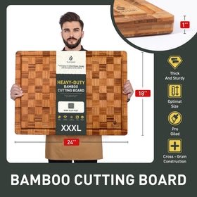 Socisen bamboo cutting board non-slip feet close-up highlights stability on counters.