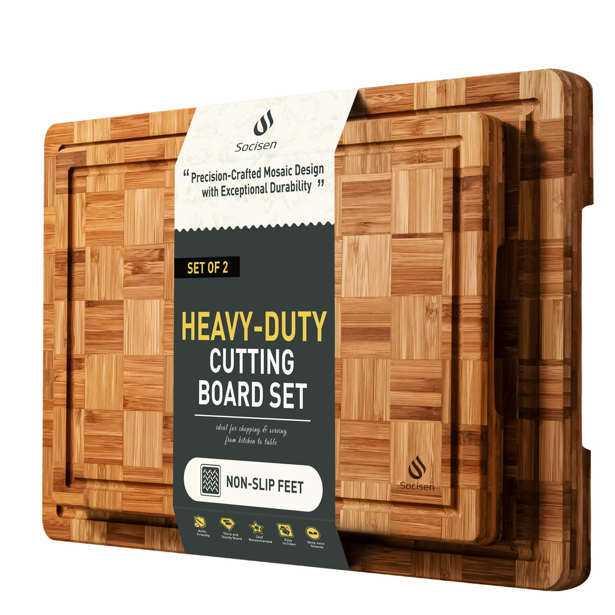 Socisen bamboo cutting board set with over-sink non-slip feet for stable prep.