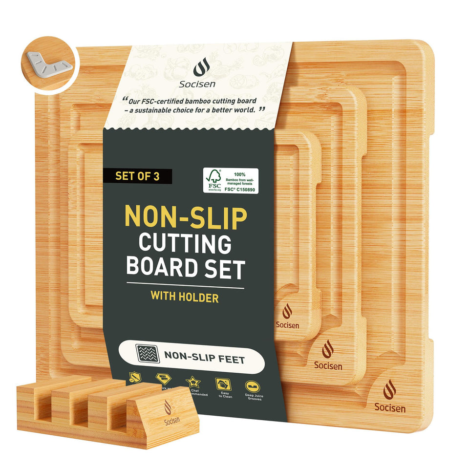 Socisen bamboo cutting board set with holder for organized over-sink prep