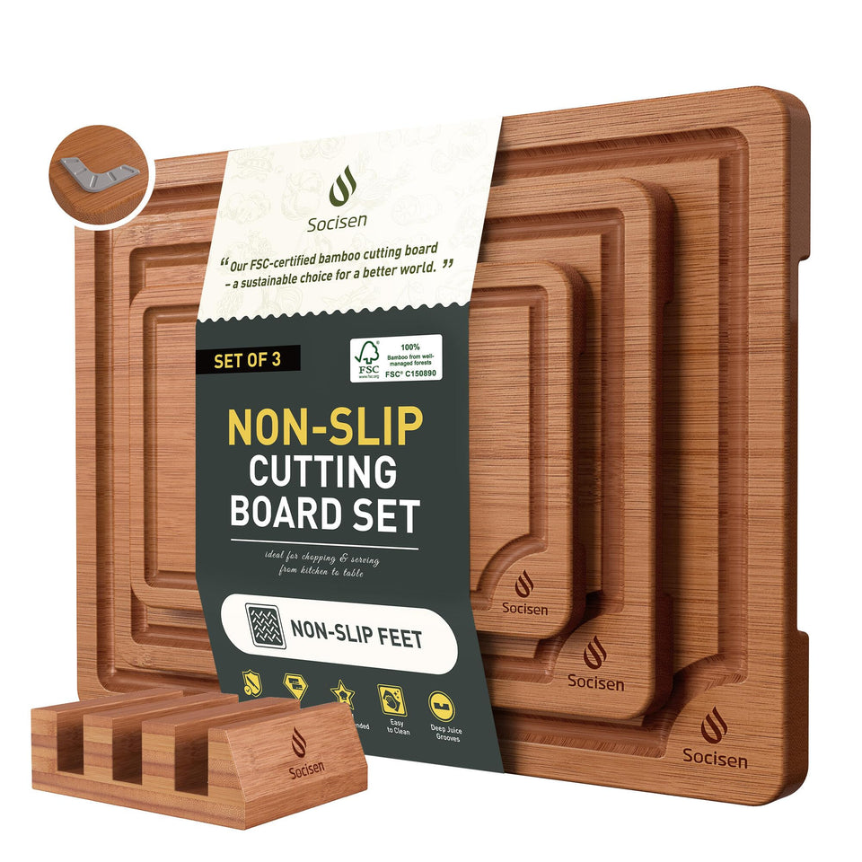 Socisen bamboo cutting board set in three sizes for versatile prep tasks.