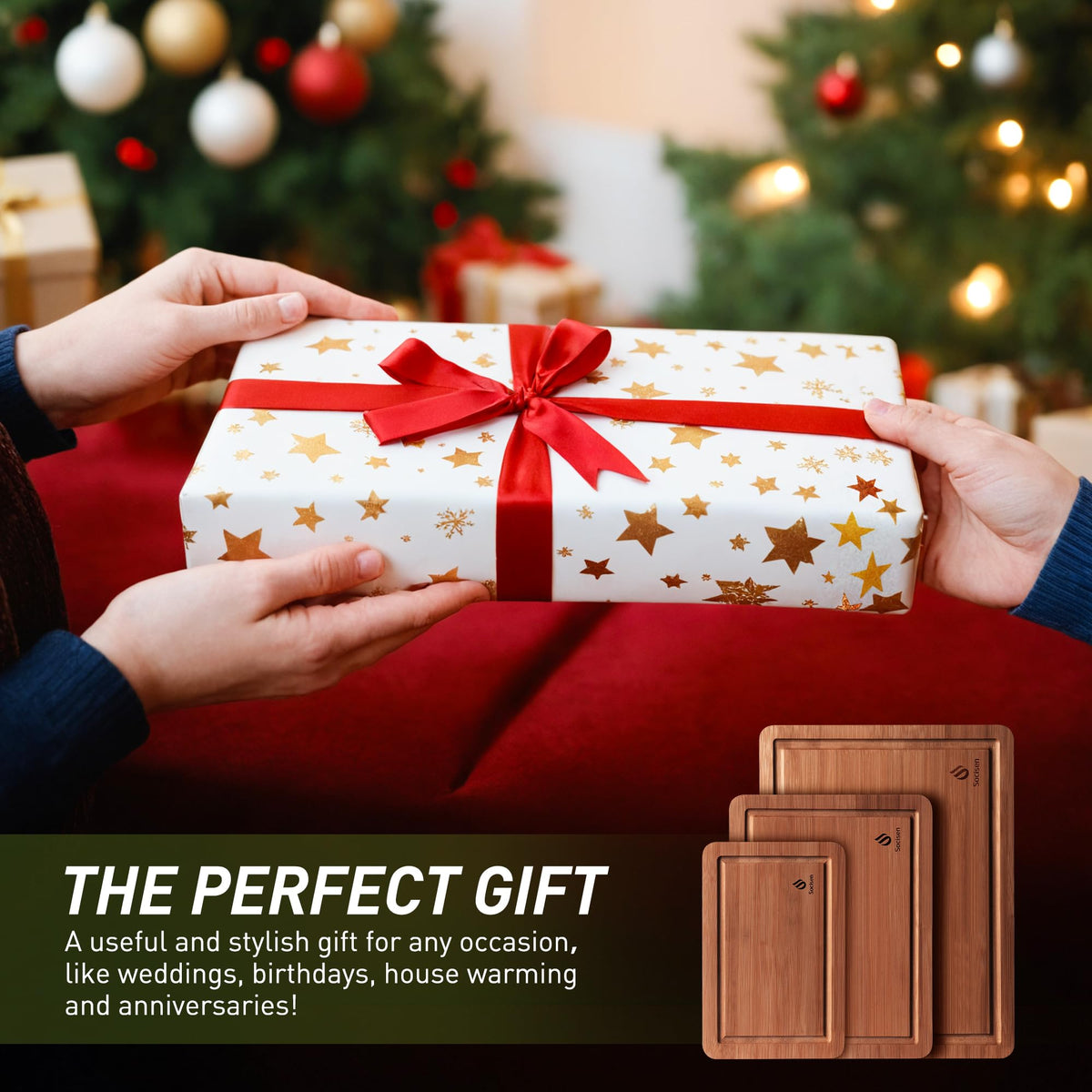 Socisen bamboo cutting board with side handles for easy transport