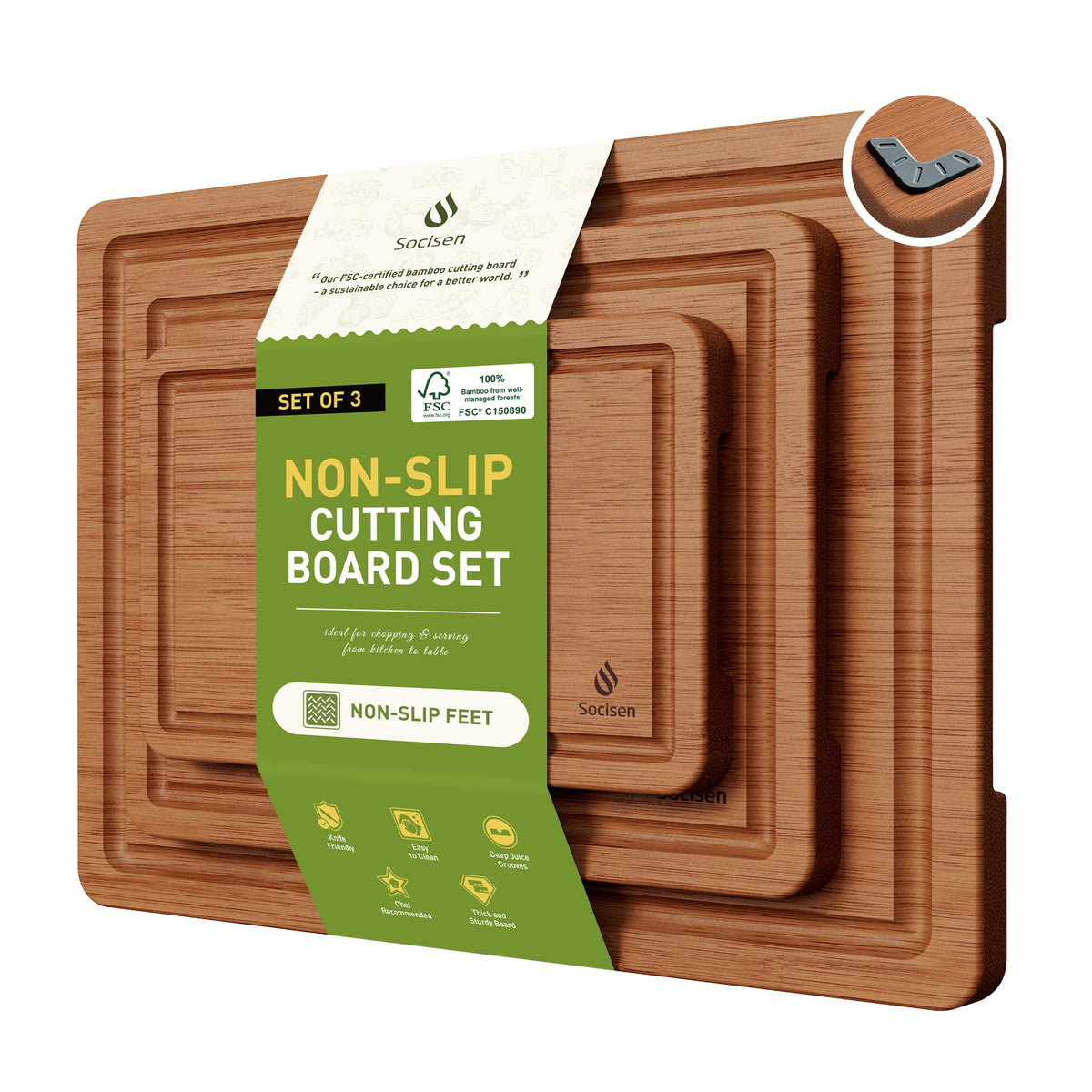 Socisen bamboo cutting board set small 9x6 with handles for versatile prep