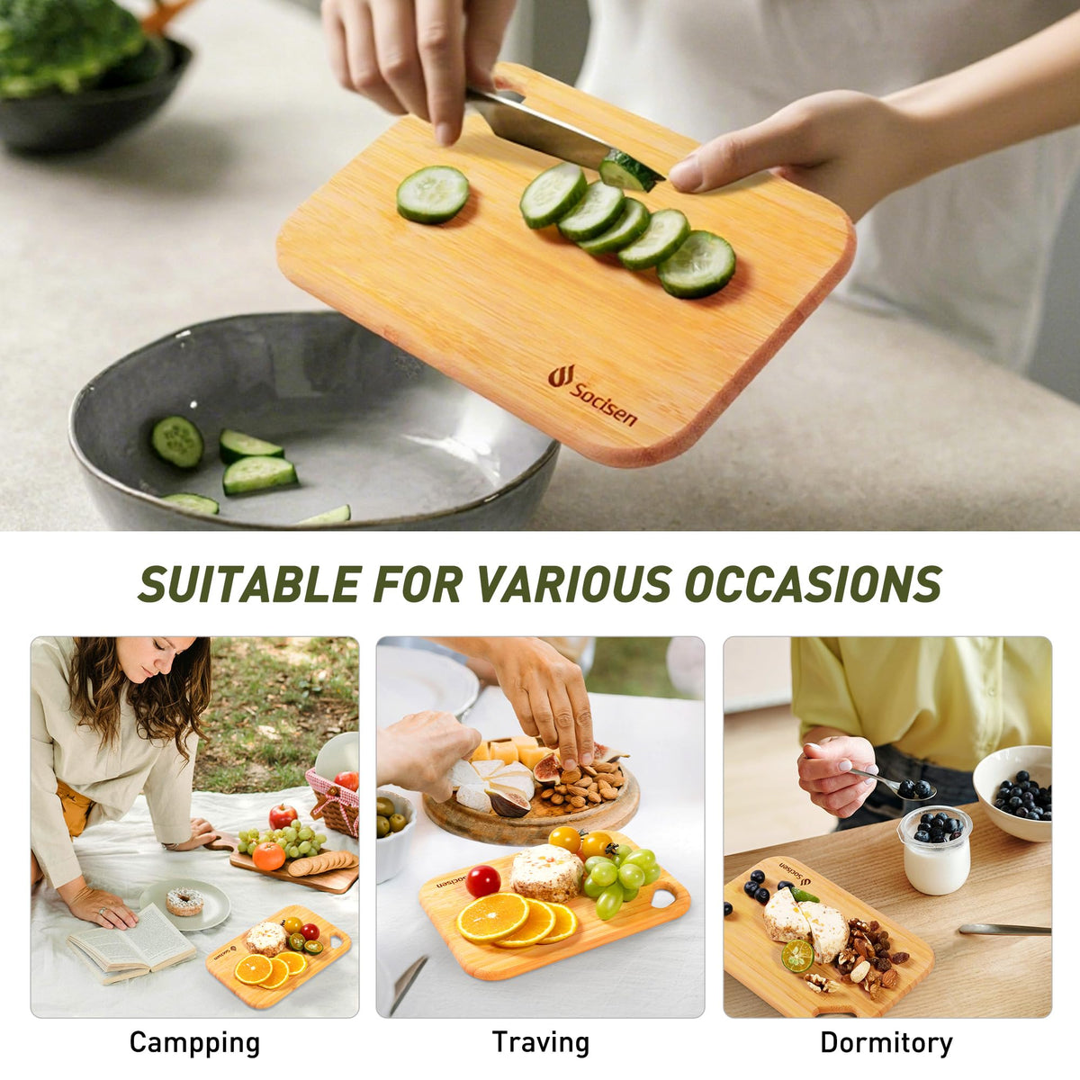 Socisen bamboo cutting board with smooth surface for safe slicing.