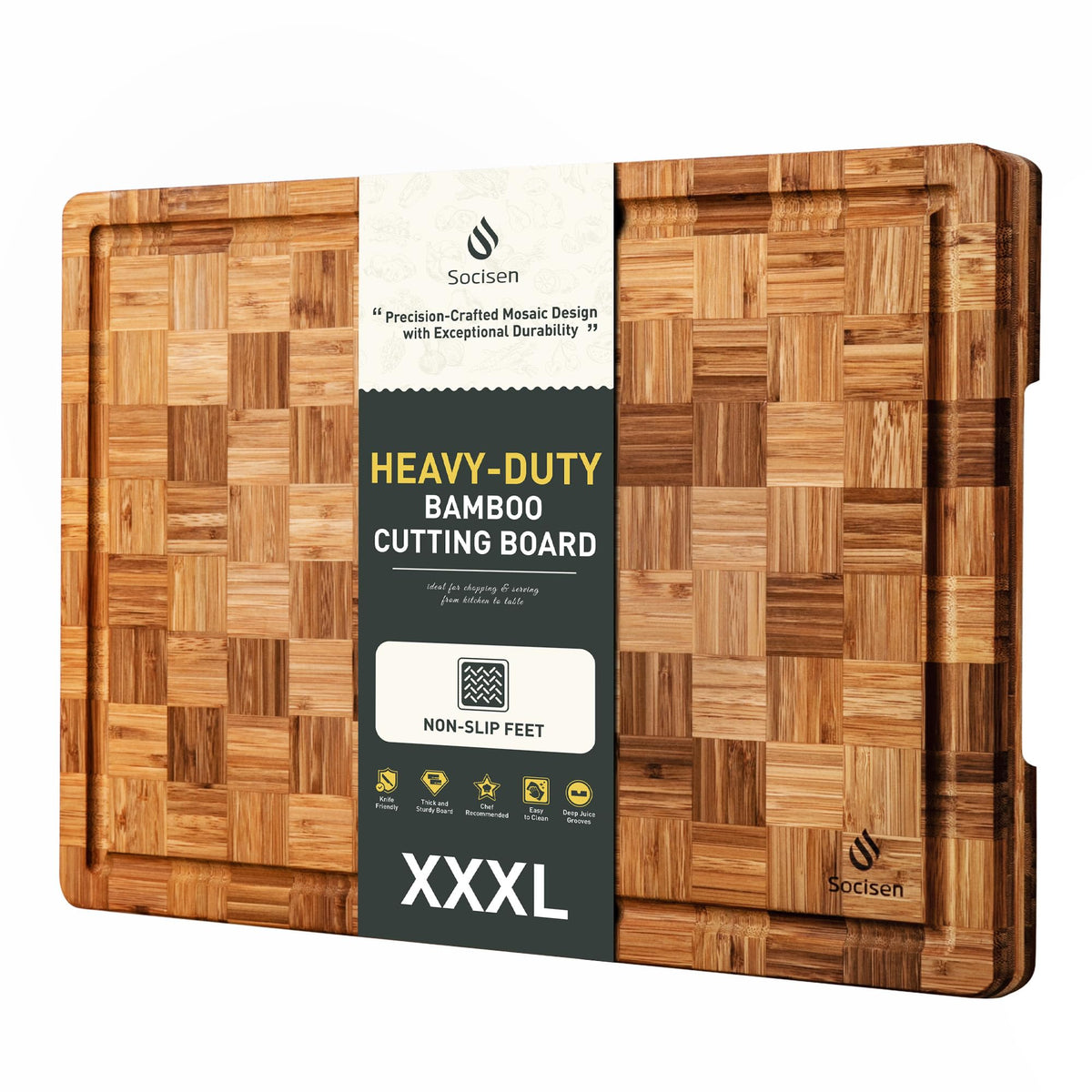 Socisen XXX Large Bamboo Cutting Board top view shows sturdy non-slip stability for safe chopping.