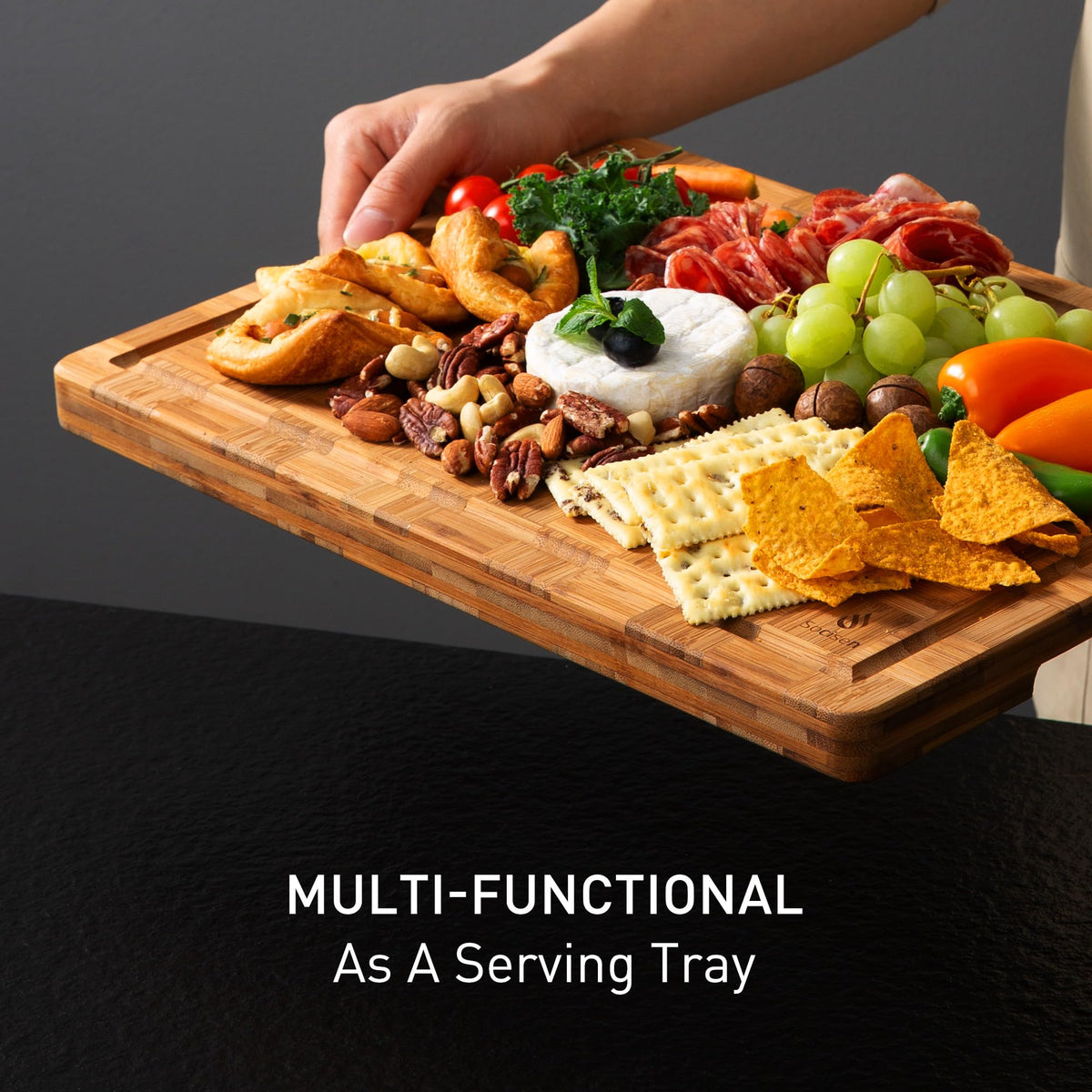 Socisen cutting board natural bamboo grain adds warm kitchen elegance.