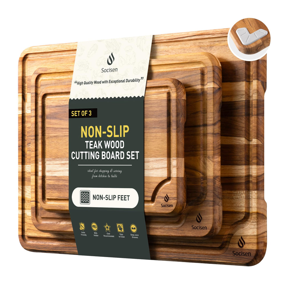 Socisen teak cutting board 10-inch with non-slip base for stable slicing.