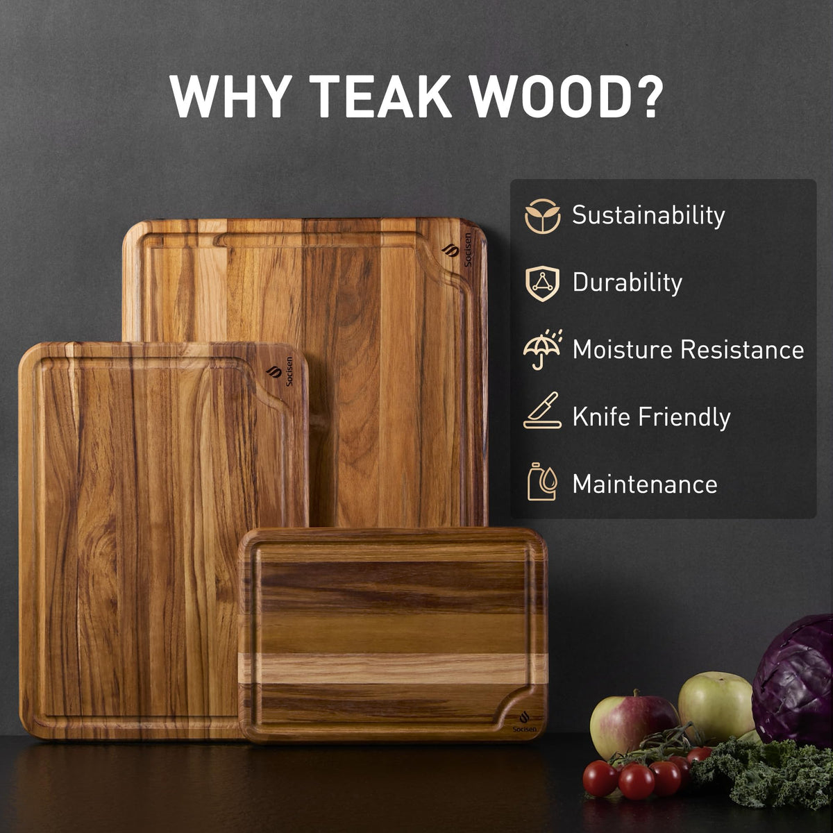 Socisen teak cutting board 13-inch for medium prep tasks with smooth glide.