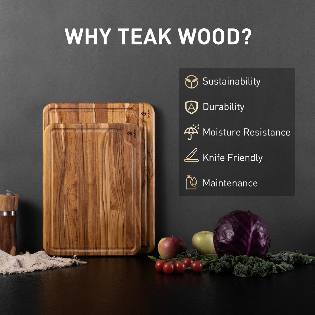 Socisen teak cutting board 15-inch provides ample prep space for large ingredients.