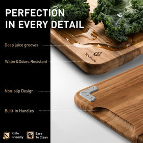Socisen teak board set features a non-slip base for confident countertop prep.