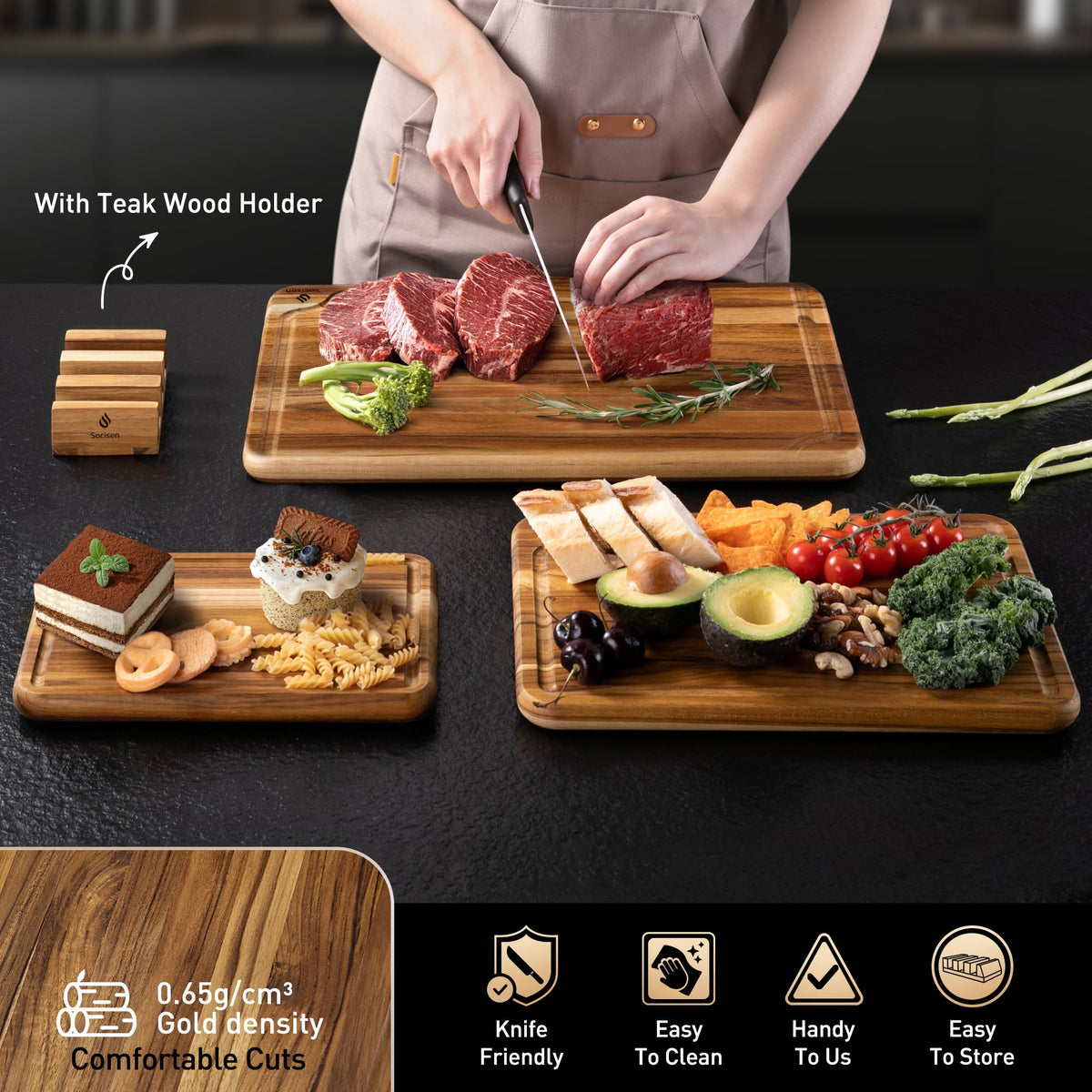 Socisen teak cutting board rounded edges for comfortable grip and safe handling.