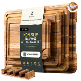 Socisen 10-inch teak cutting board in use for fruit slicing with stable footing