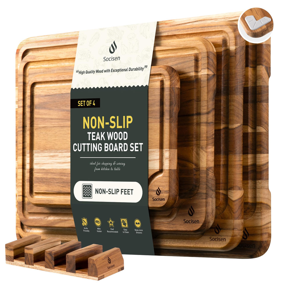 Socisen 10-inch teak cutting board in use for fruit slicing with stable footing